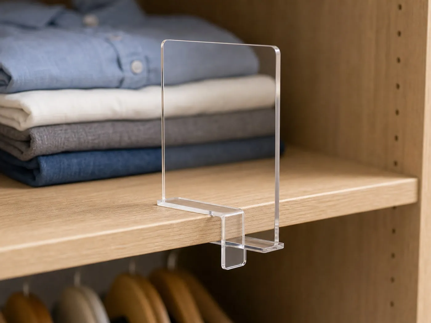 Close-up of a transparent shelf divider clipped onto the front edge of a wooden shelf