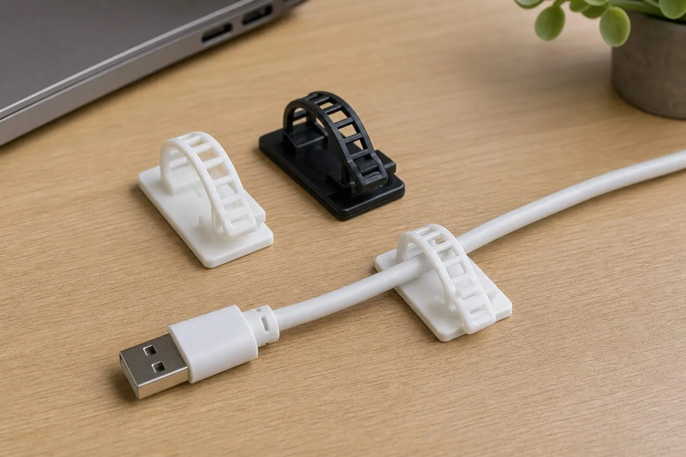 Black and white strap-style adhesive cable tie mount clips beside a light USB cable on a desk surface