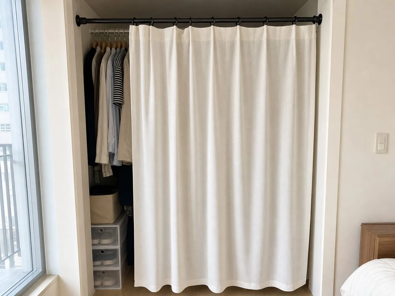 Light closet curtain hanging from a tension rod