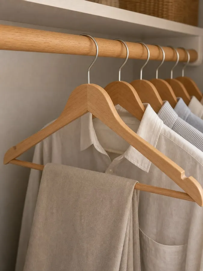 A close view of silver metal hooks from natural wood hangers resting on a round closet rod