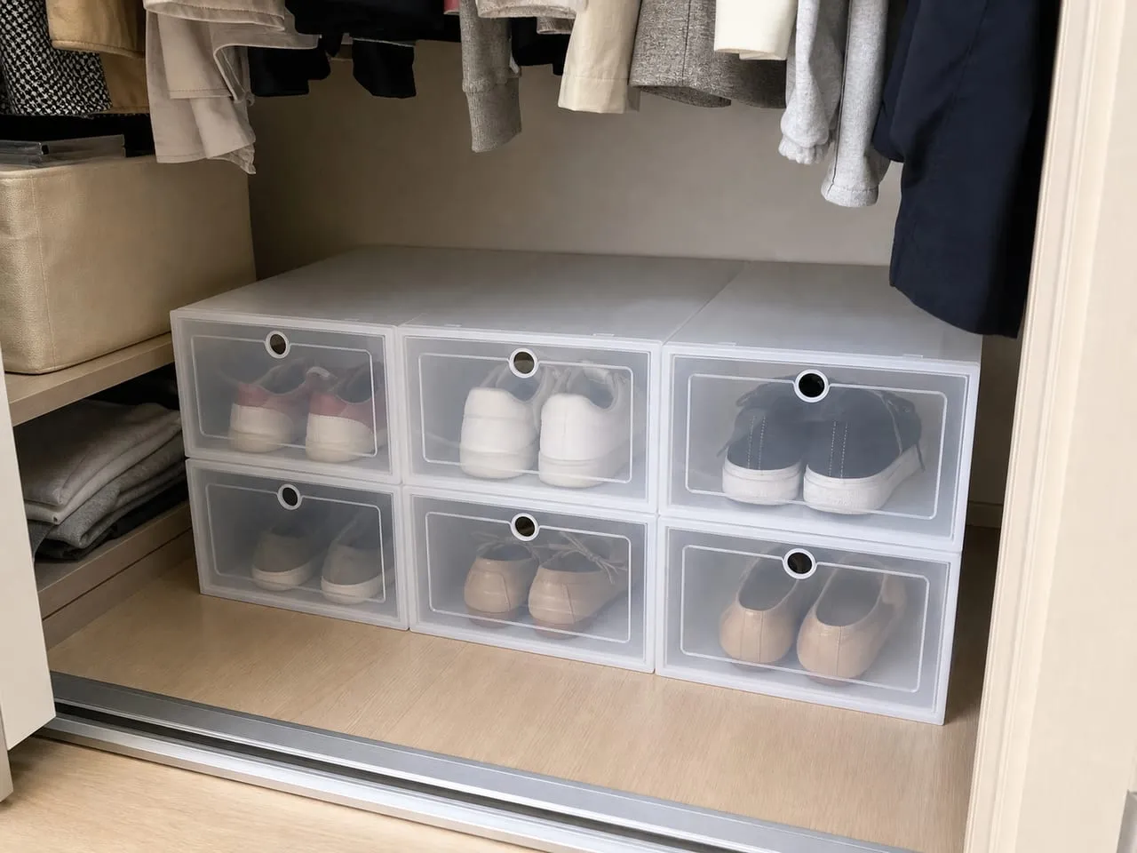 Low row of translucent shoe boxes on a closet floor