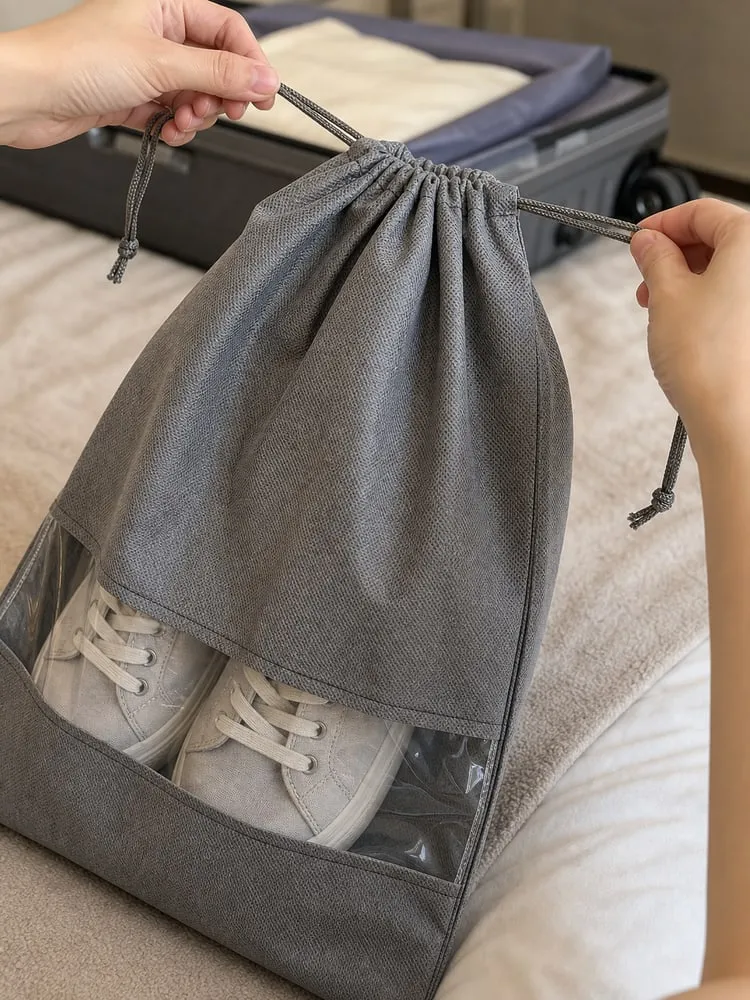Hands gently closing the drawstring on a grey travel shoe bag with a transparent lower window