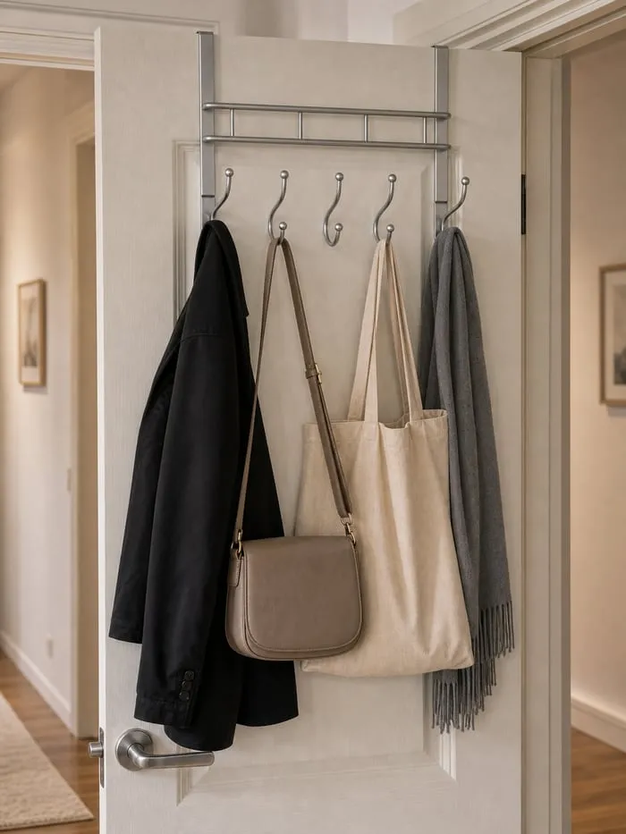 Coats and bags spread across an over-door hook rack