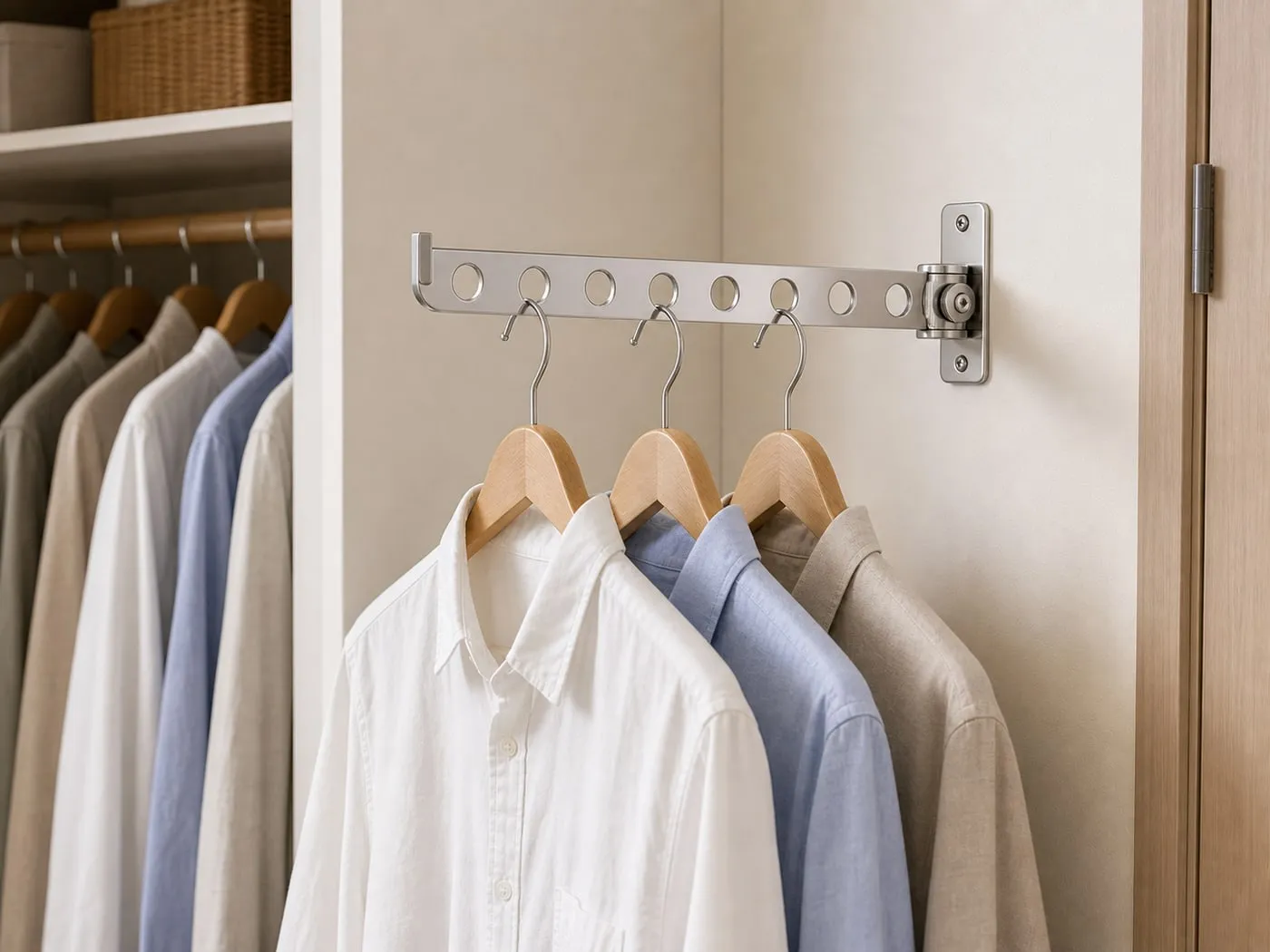 A compact silver fold-out wall hanger arm holding a few light shirts on hangers