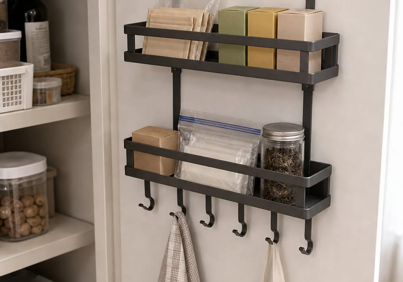 A smaller dark metal over-door rack with shallow shelves and hooks holding plain tea boxes, spare bags, and a small cloth