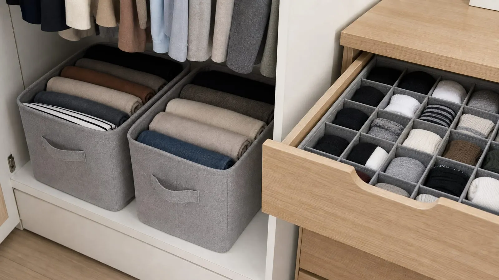 Large gray fabric baskets on a closet shelf compared with smaller grid organizers in a drawer