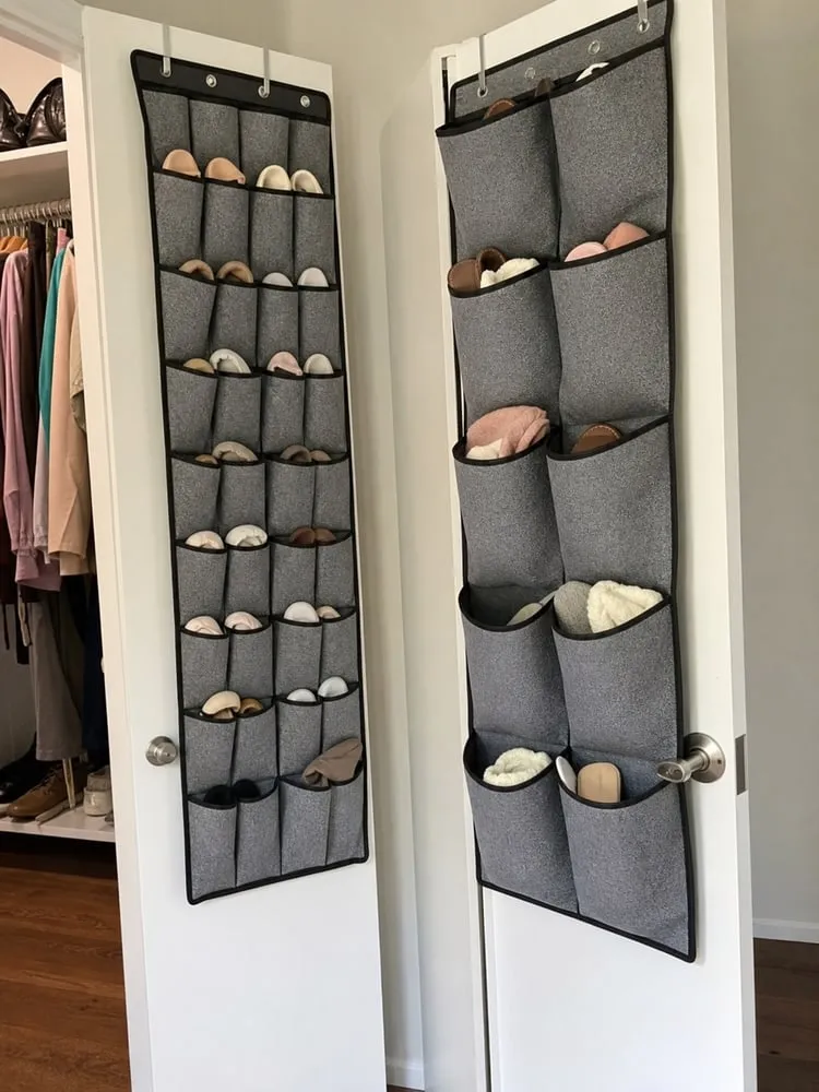 Two door-hung shoe organizers, one shallow and one deeper, lightly filled with shoes