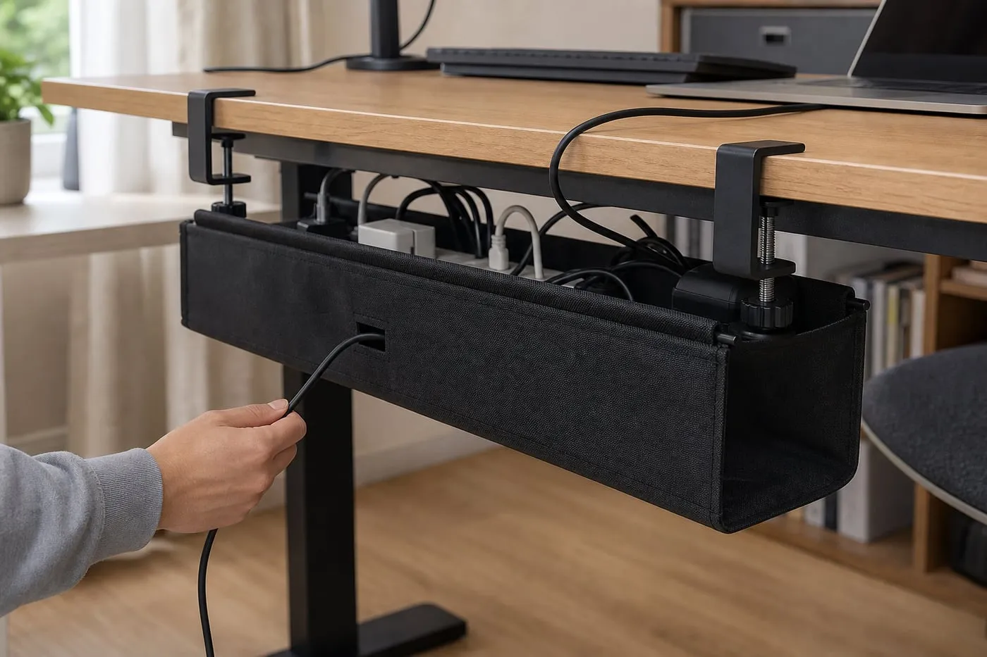 Black fabric C-clamp organizer hiding a cable bundle