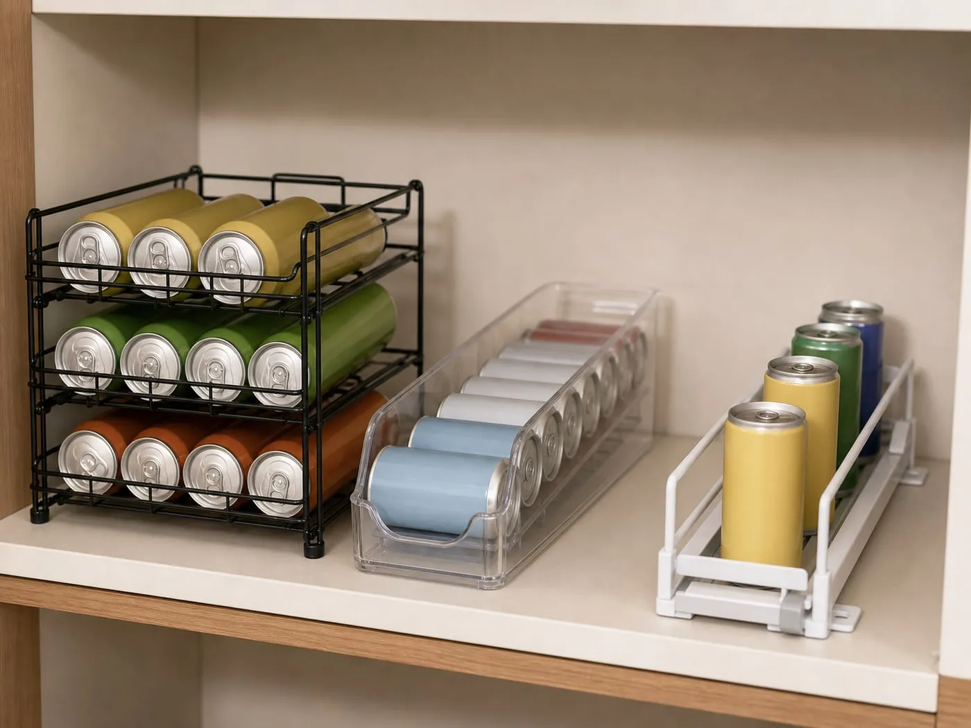 A 3-tier wire can rack, a clear single-row can bin, and a white pusher-style drink organizer compared on one shelf