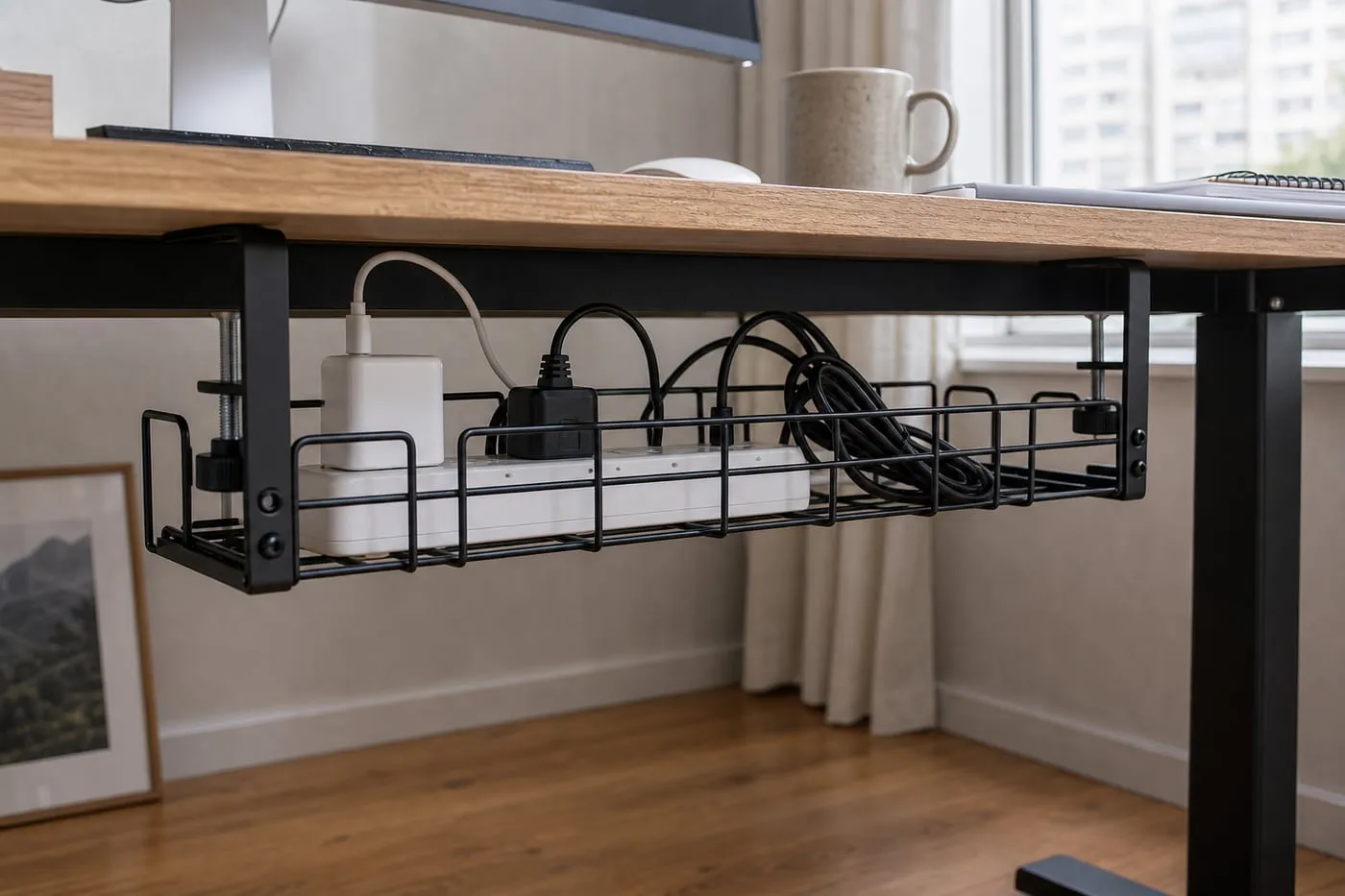 Fixed black metal wire rack under a desk