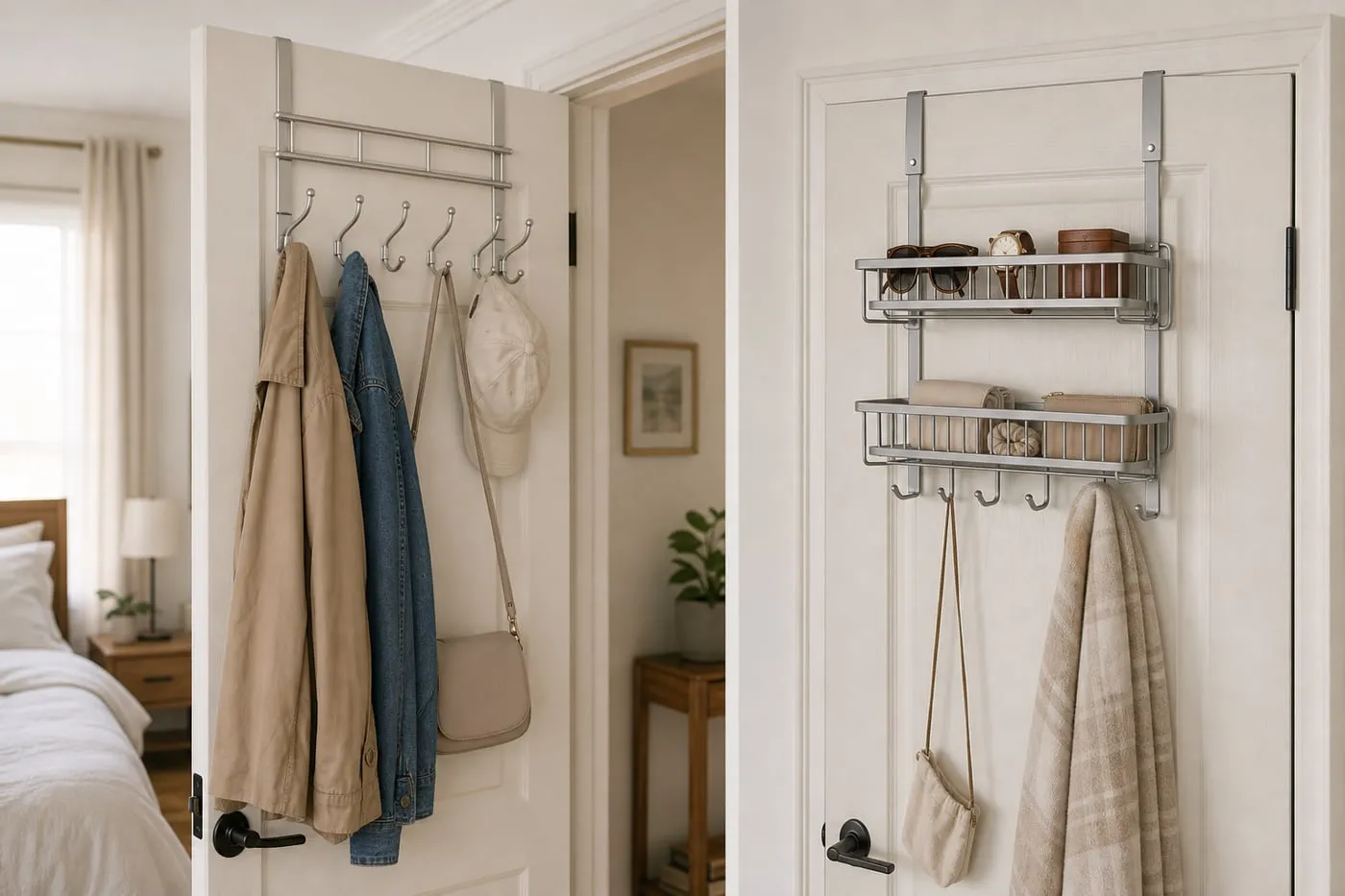 Flat hook rack and basket-style over-door organizer