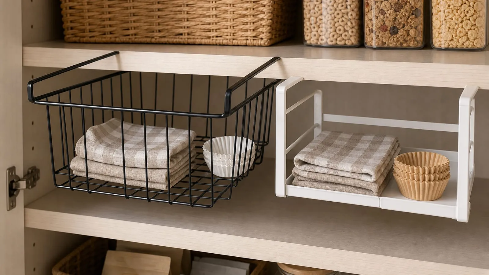 A pantry cabinet showing a black wire basket and a white flat tray-style under-shelf holder for comparison