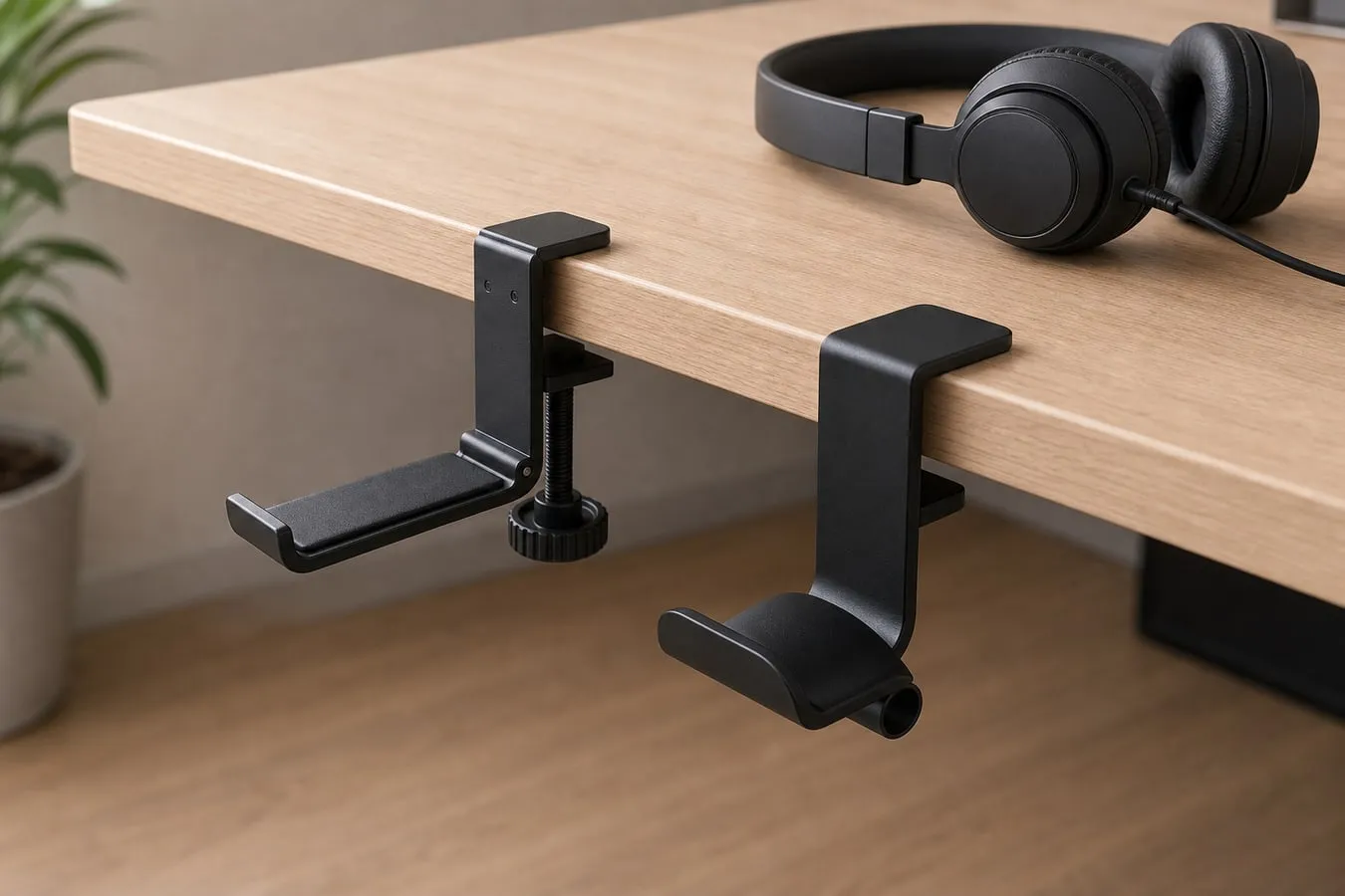 A screw-clamp headphone hanger and a wider U-shaped desk-edge headphone hanger shown side by side on the same desk