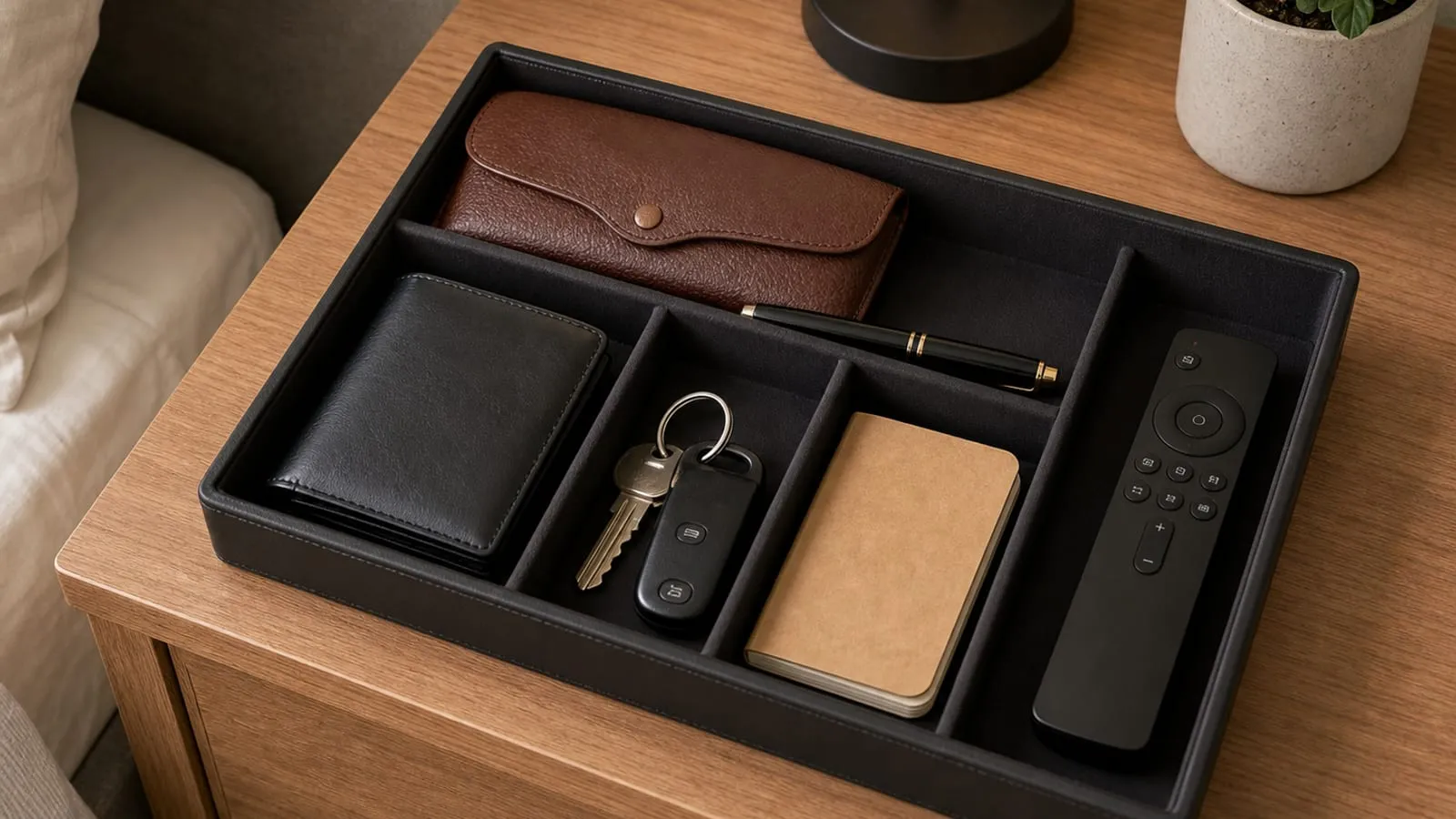 PU compartment organizer on a nightstand with glasses case, wallet, keys, pen, notebook, and remote
