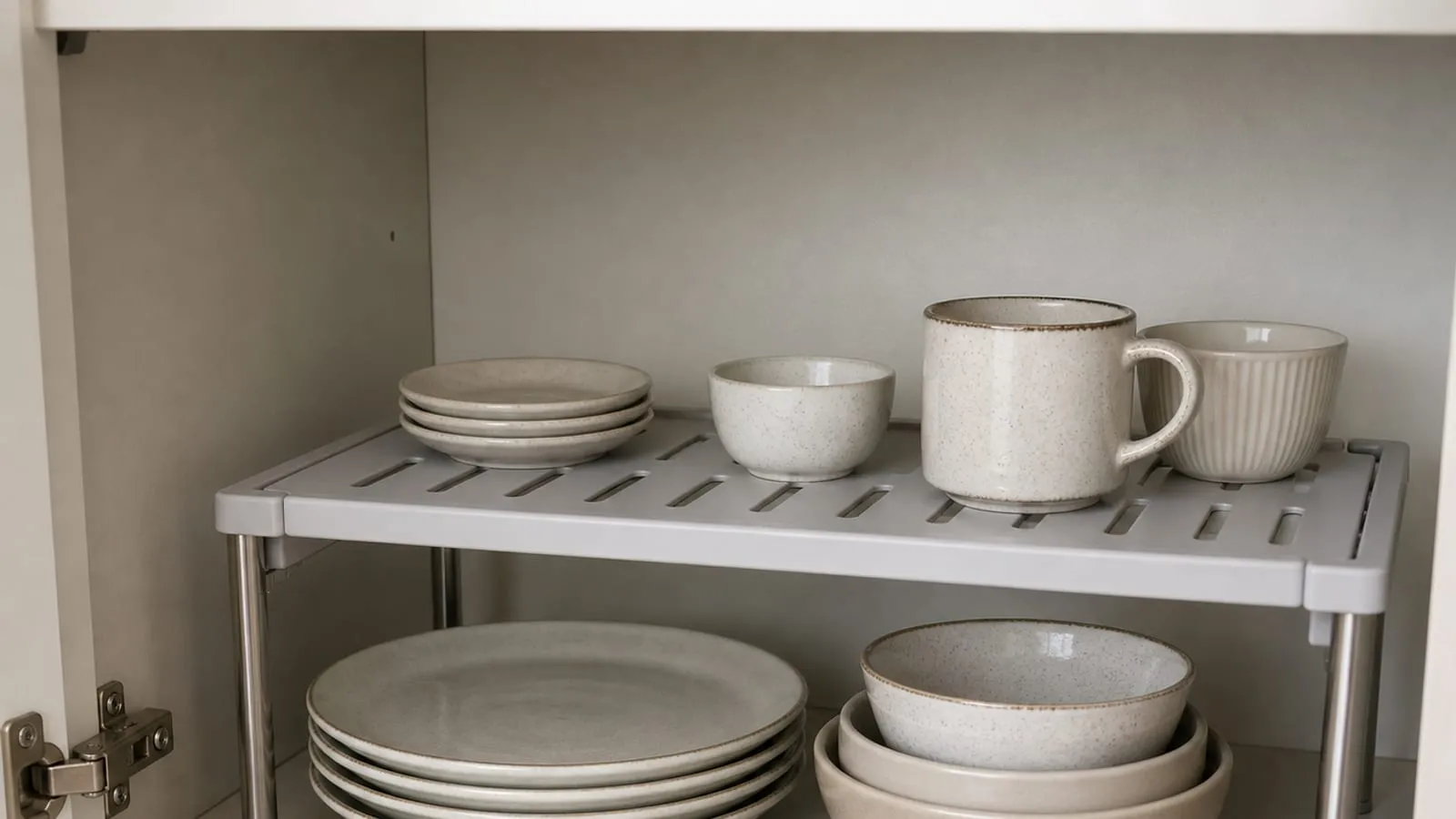 Conservative cabinet setup with heavy plates below and only light cups and small dishes on the riser