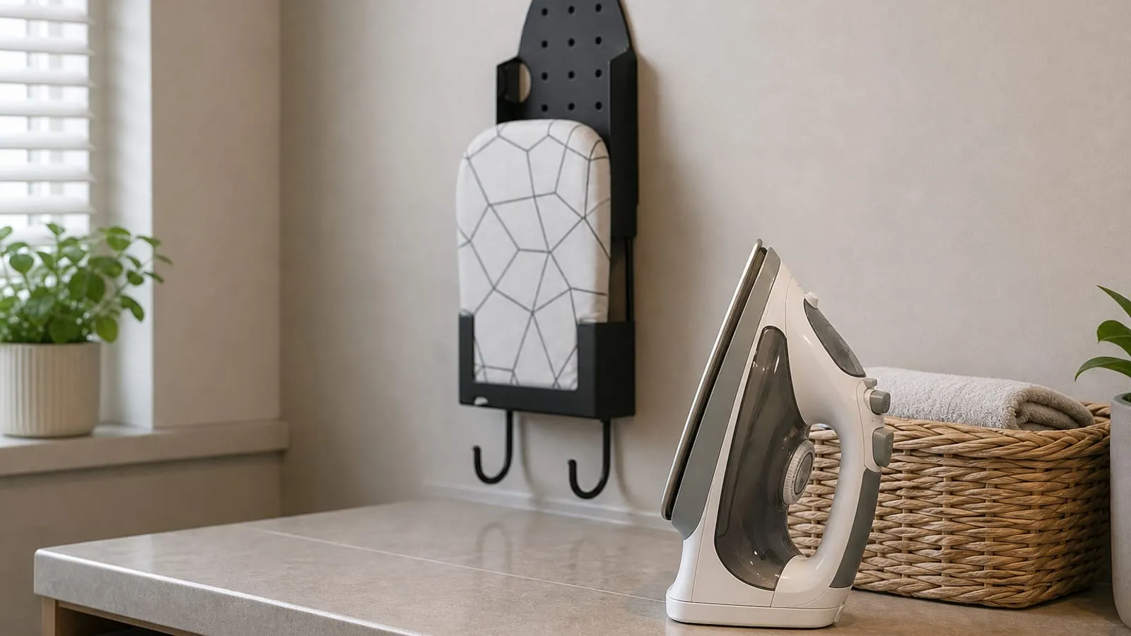 An unplugged iron resting on a counter while the wall holder and ironing board are visible behind it
