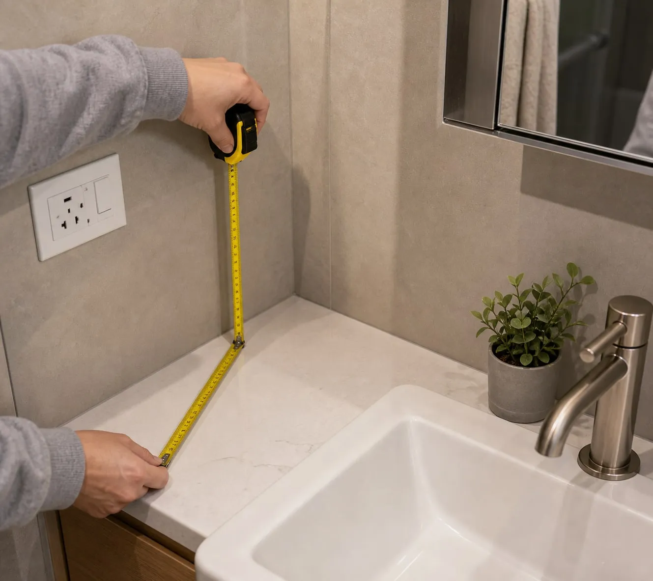 A tape measure checking a bathroom counter corner near a sink, faucet, mirror cabinet, and outlet area