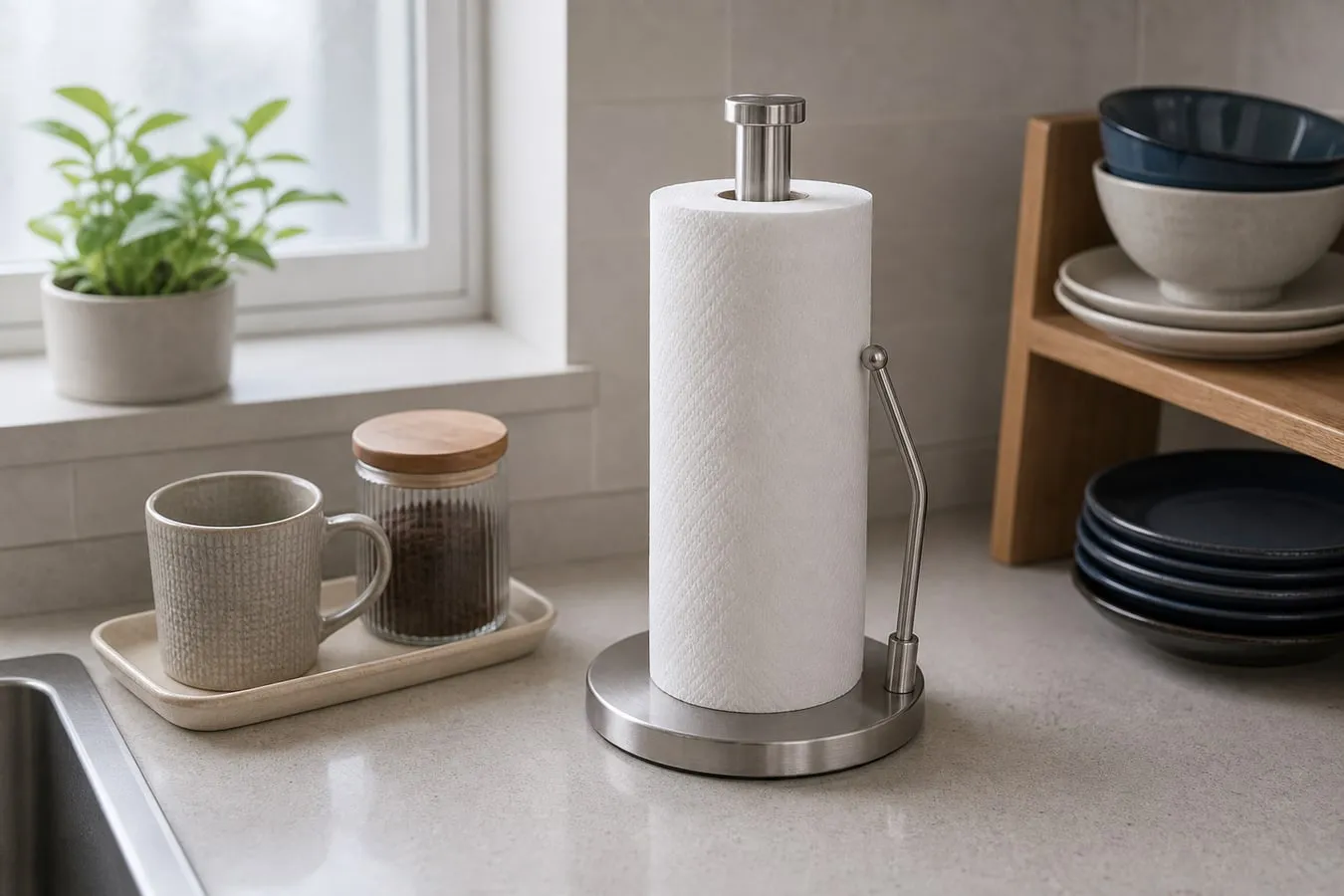 A standing paper towel roll holder on a narrow kitchen counter beside a mug, tray, and stacked dishes to show the round base footprint