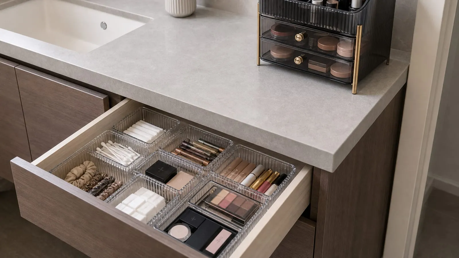 A vanity drawer with clear trays compared with a separate countertop makeup organizer nearby