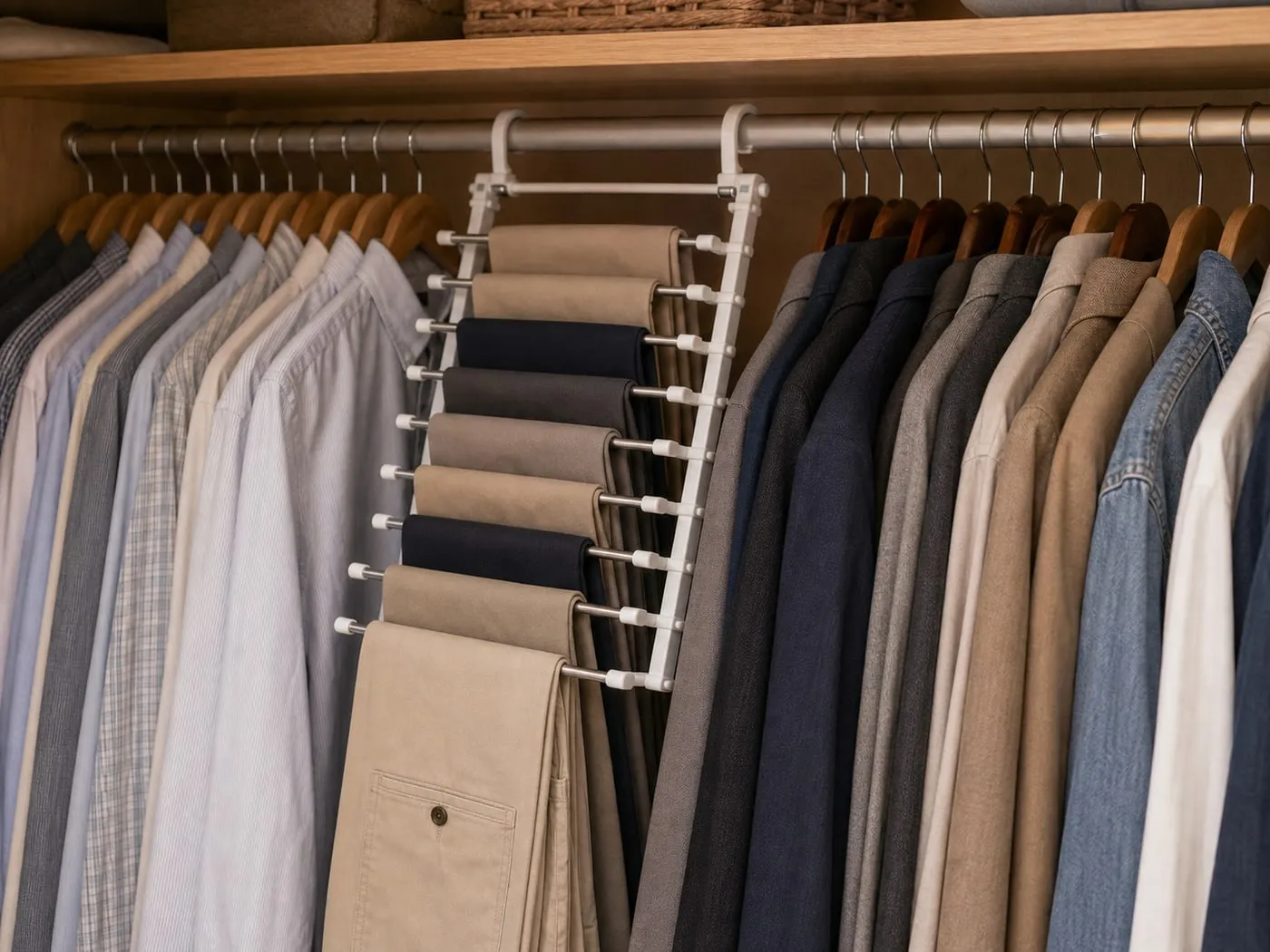 A multi-layer pants hanger in a tightly packed closet with nearby shirts close to it