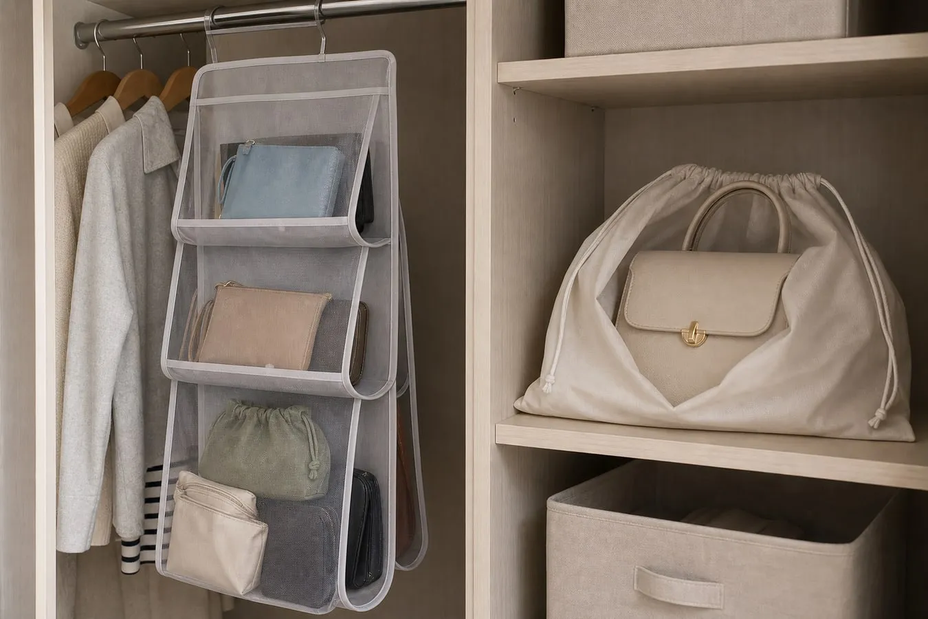 A structured delicate handbag stored separately on a shelf while the hanging organizer holds only casual pouches