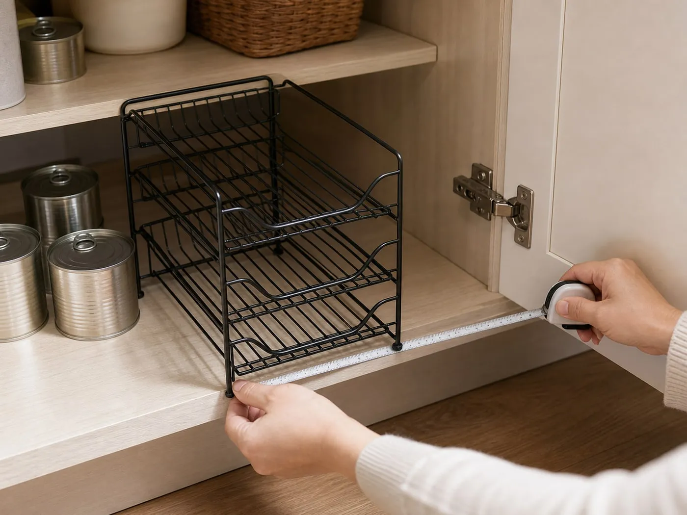 A kitchen cabinet shelf being measured before placing a 3-tier can rack inside