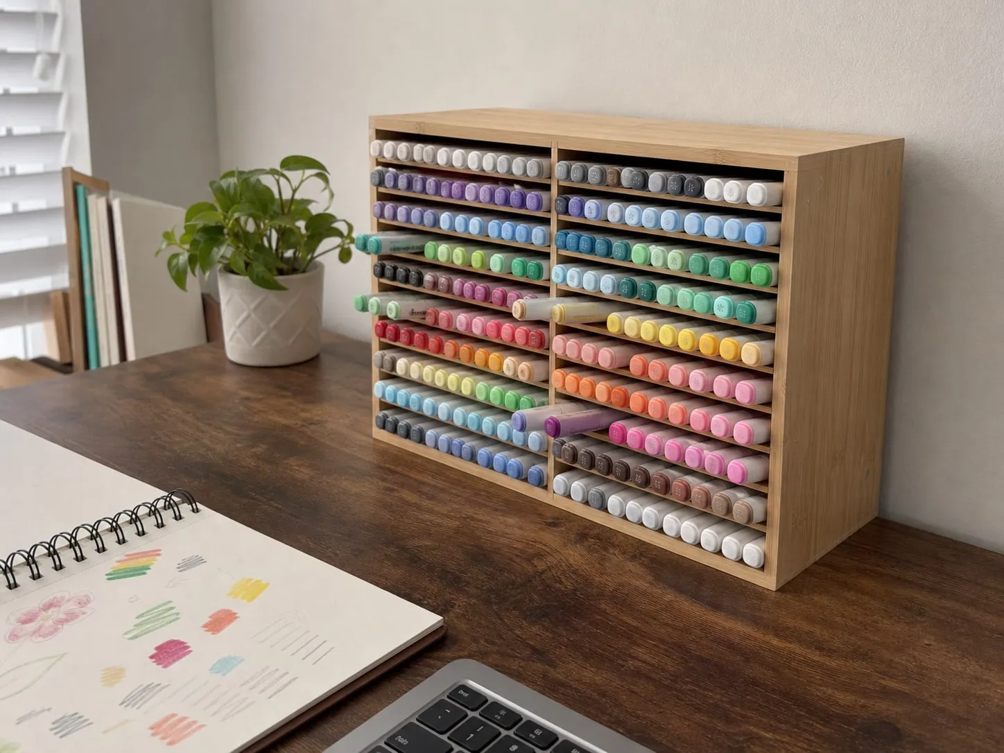Side view of a bamboo marker rack on a desk near a wall, with visible space in front for pulling out markers