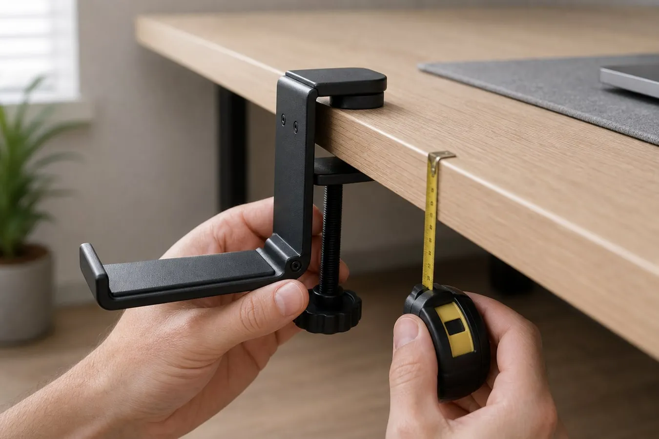A black clamp-style headphone hanger being held against a desk edge while a tape measure checks the edge thickness and screw knob clearance
