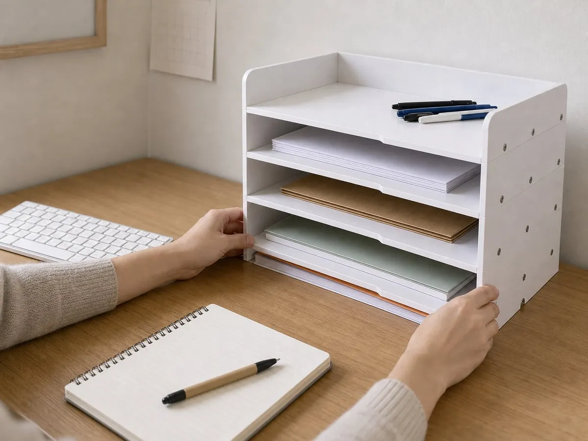 A hand repositioning a white multi-layer paper tray beside a keyboard to check desk depth and front access