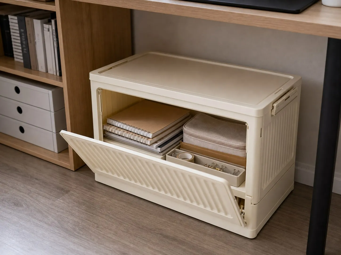 Cream folding storage box under a desk with the front panel open, holding light notebooks, envelopes, and a small pouch