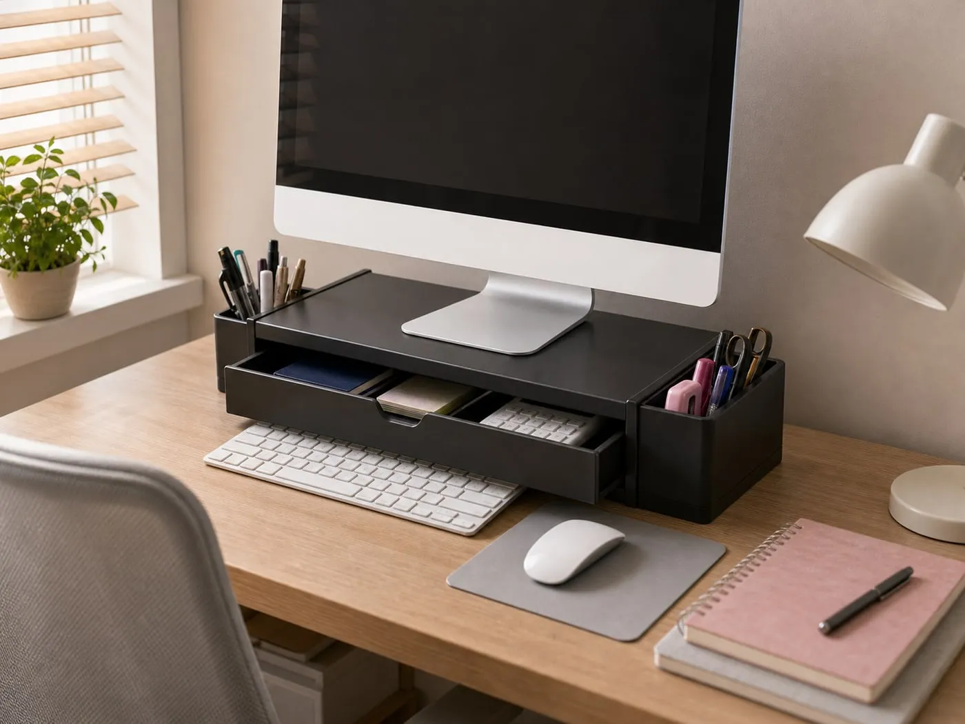 A shallow desk where the keyboard partly blocks the drawer of a monitor riser