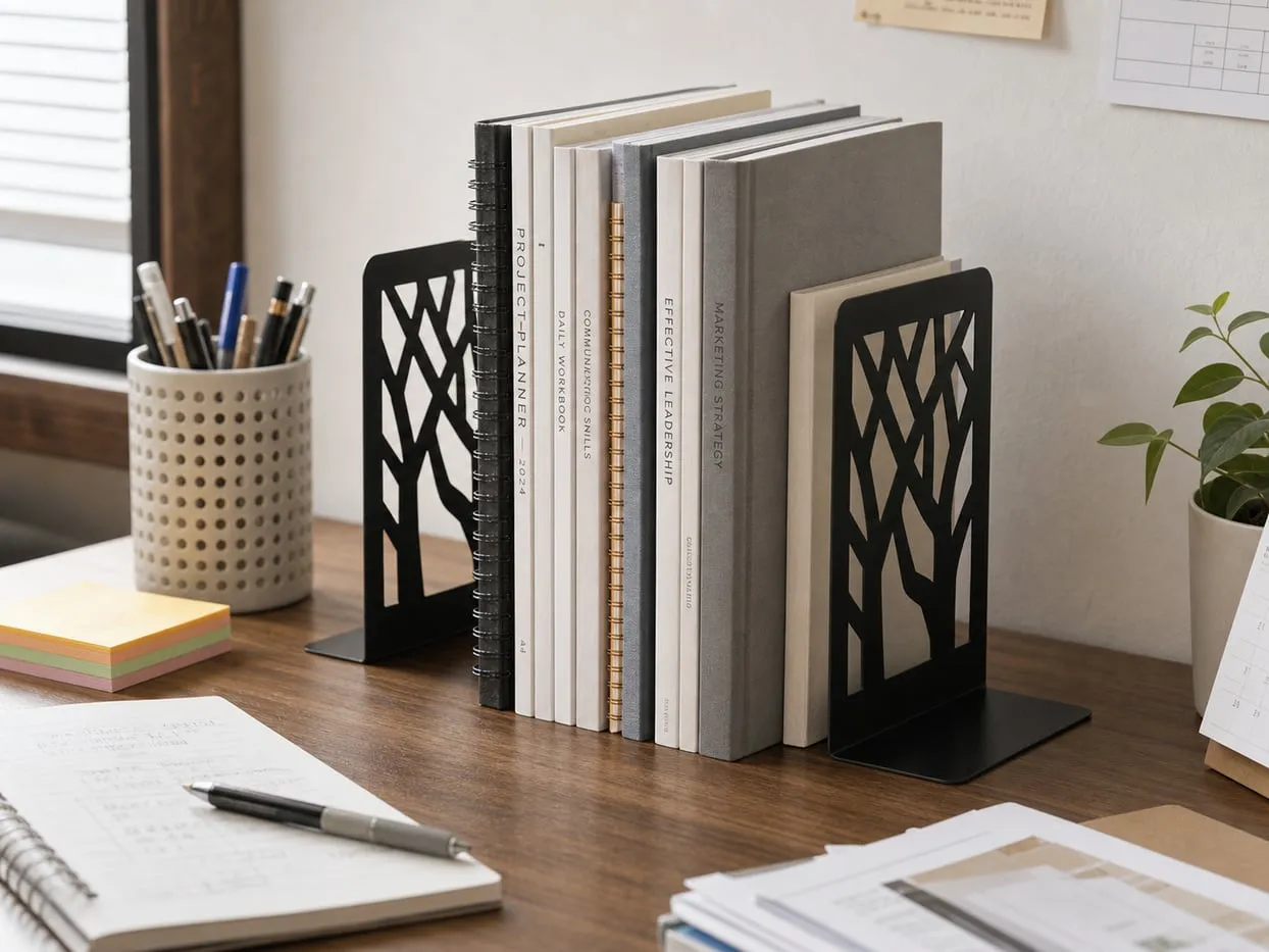 Metal bookends holding workbooks and notebooks on a desk