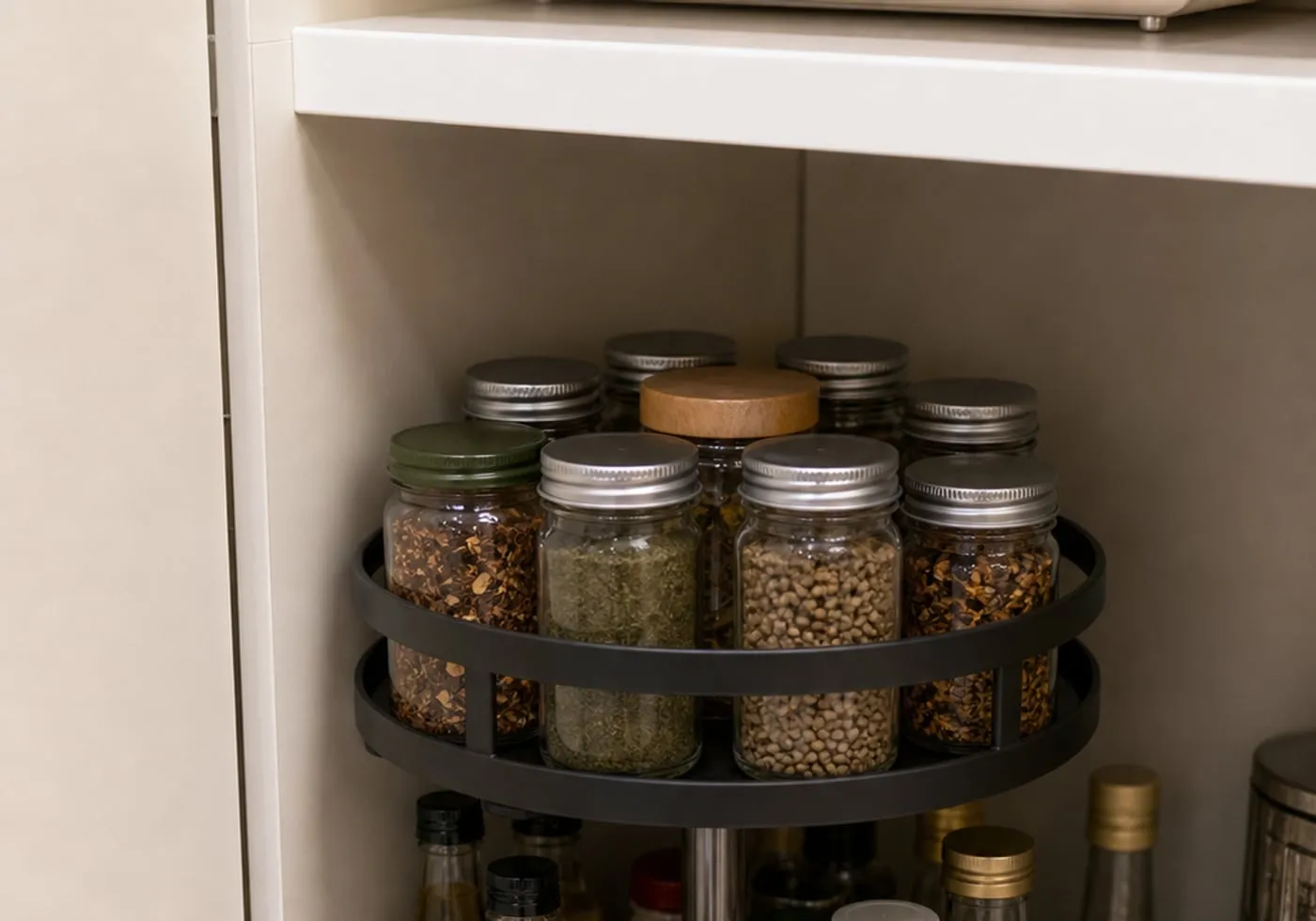 A round rotating organizer placed inside a cabinet shelf with side and front clearance visible