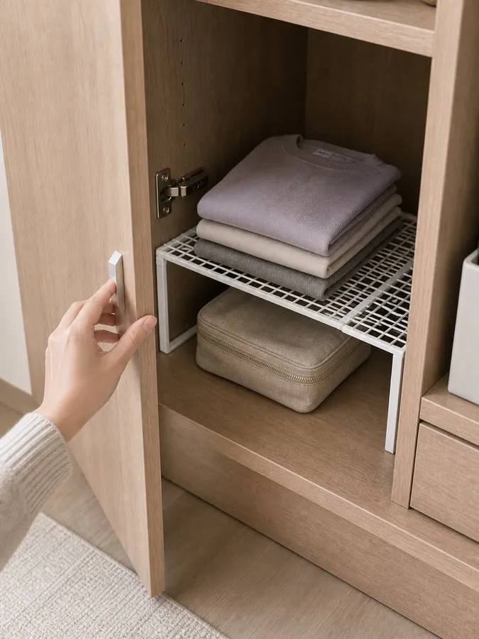 A hand checking wardrobe door clearance around a white adjustable shelf riser, hinge area, and front shelf lip