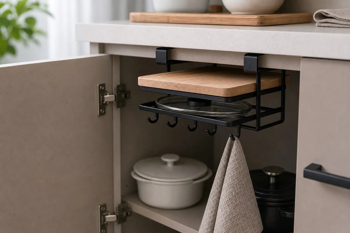 A partly open cabinet door with a black hanging cutting board rack nearby, showing door swing and inside clearance