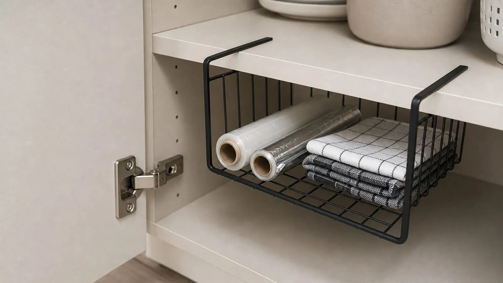 A black under-shelf wire basket installed near a kitchen cabinet hinge with door clearance visible
