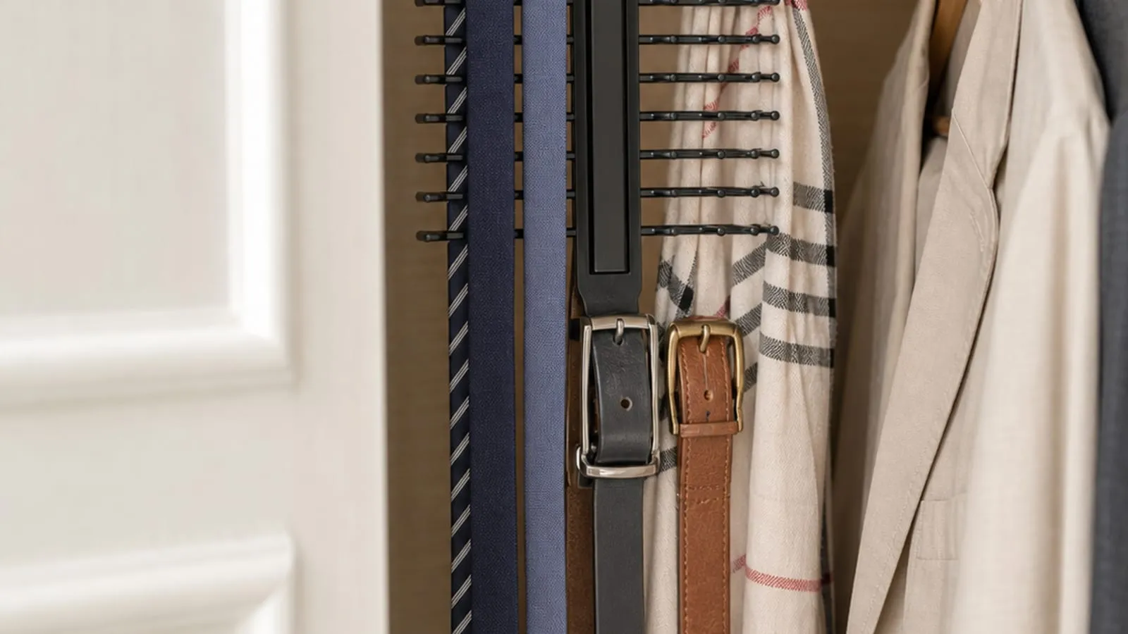 Black tie and belt rack inside a shallow wardrobe with buckles and scarf ends near the door line