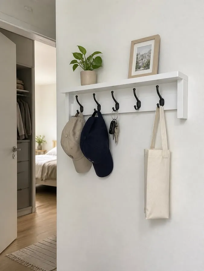 A white shelf rack mounted beside an open doorway with caps, keys, and a thin tote hanging from the hooks