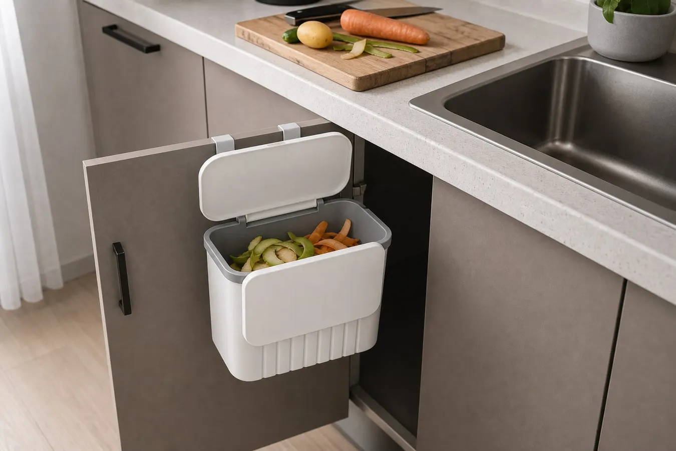 A lower cabinet door opened slightly with a white hanging bin attached, showing the bin depth near the sink walkway