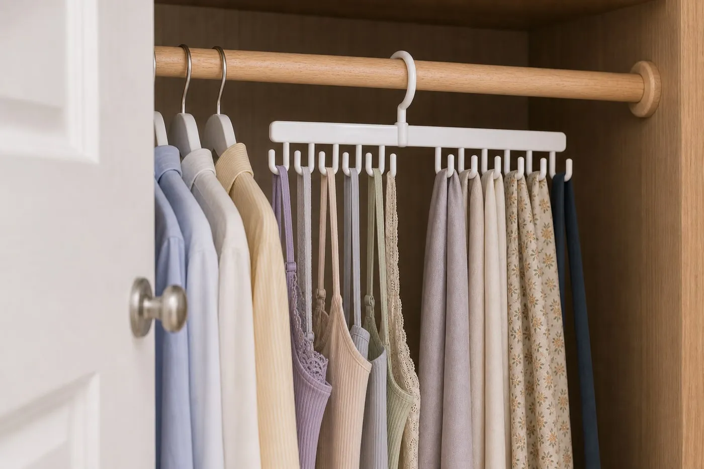 A shallow wardrobe with a partly open door showing the front clearance around a white plastic closet accessory hanger