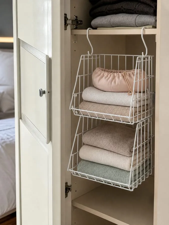 A shallow cabinet with a white wire hanging basket inside and the door partly open so the front clearance is visible