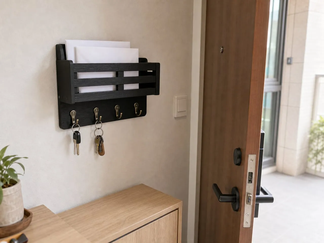 An entry door opening without hitting the mounted key and mail organizer