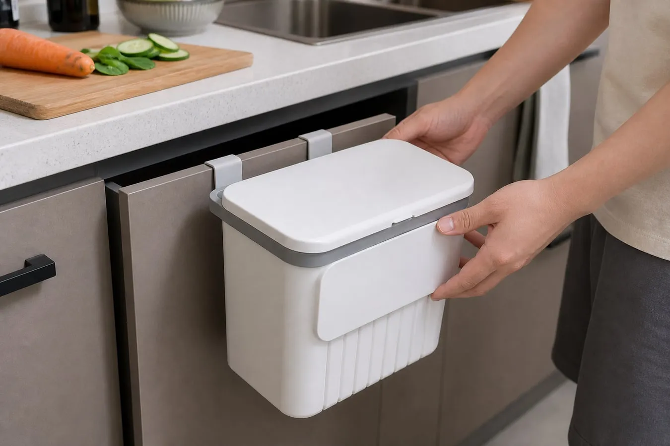A white and gray hanging bin being test-fitted over a lower cabinet door while the top hook and door gap are checked