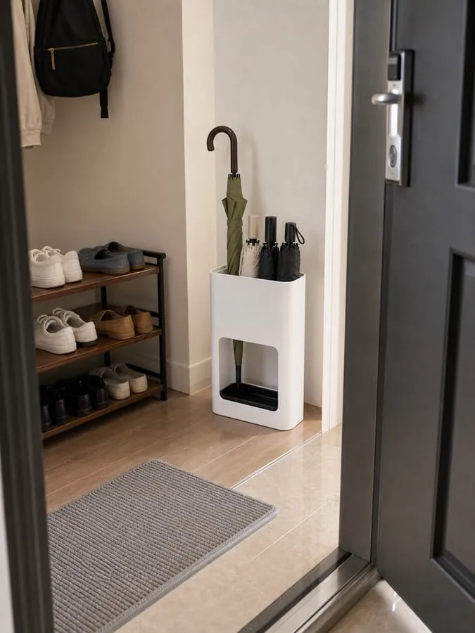 A front door partly open with a white umbrella stand near the shoe rack and entry mat, showing the floor footprint and door clearance