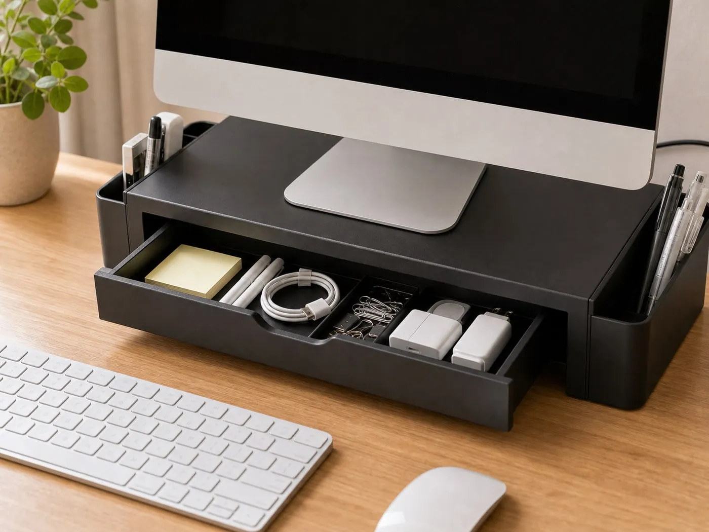 The drawer of a black monitor riser pulled open with pens, notes, and short cables inside