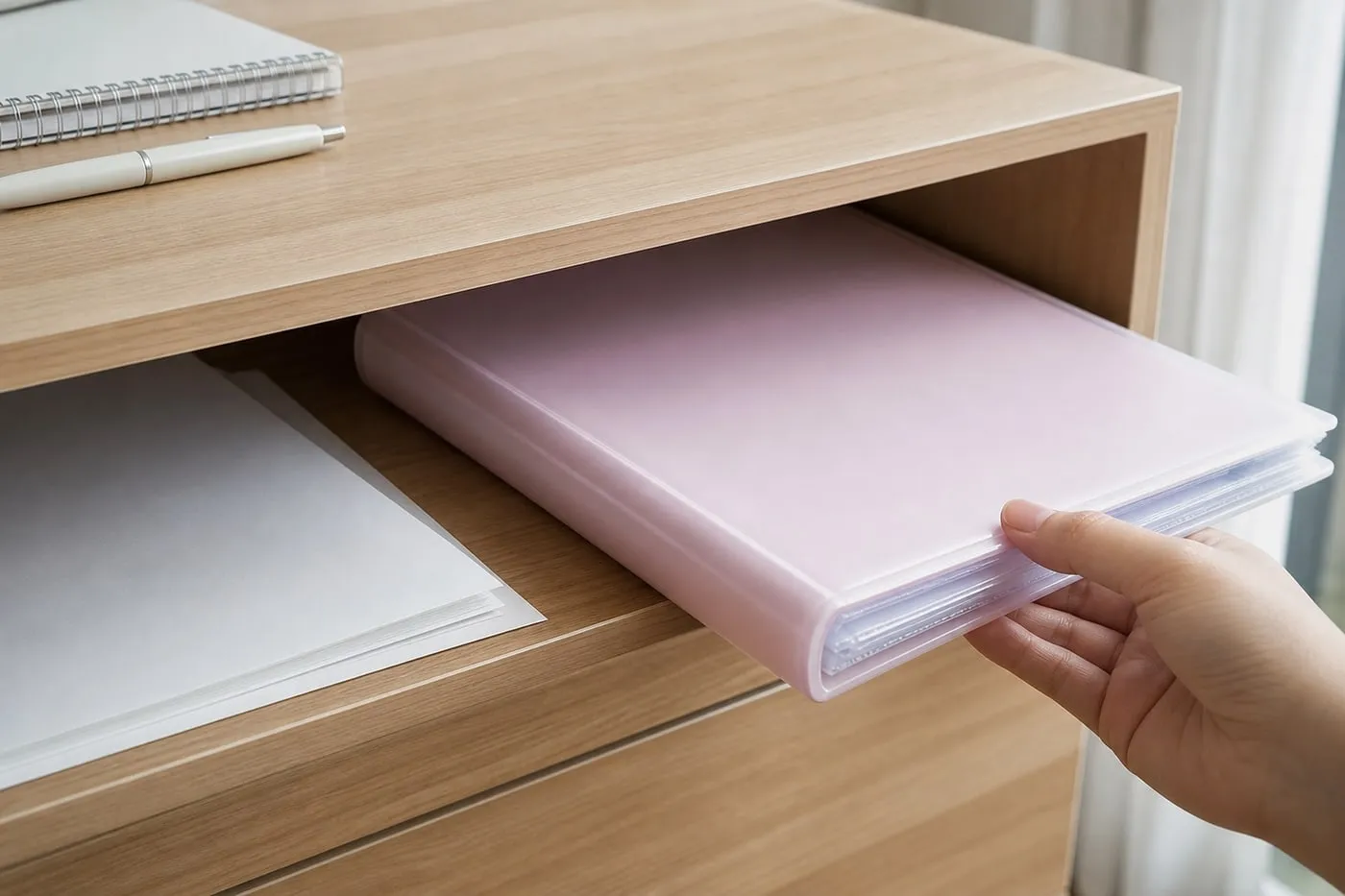 A pastel pink A4 pocket folder being checked against a low desk shelf to see whether the height and spine fit