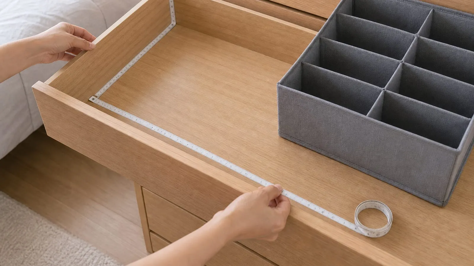 Open empty drawer being measured with a gray fabric cell organizer nearby
