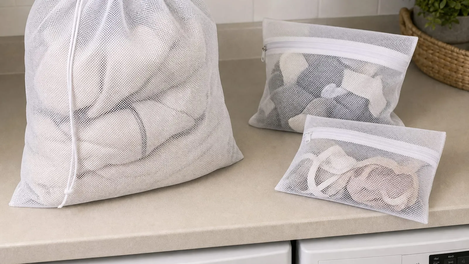 Large drawstring mesh laundry bag compared with smaller zippered mesh laundry bags on a counter