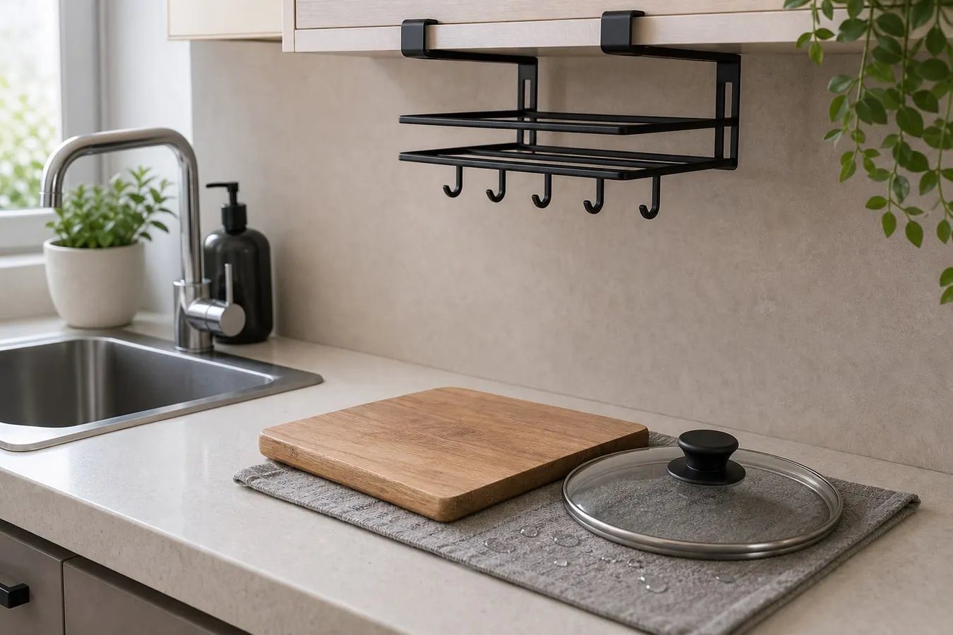 An empty black under-cabinet rack above a counter while a thin cutting board and flat lid dry on a towel below
