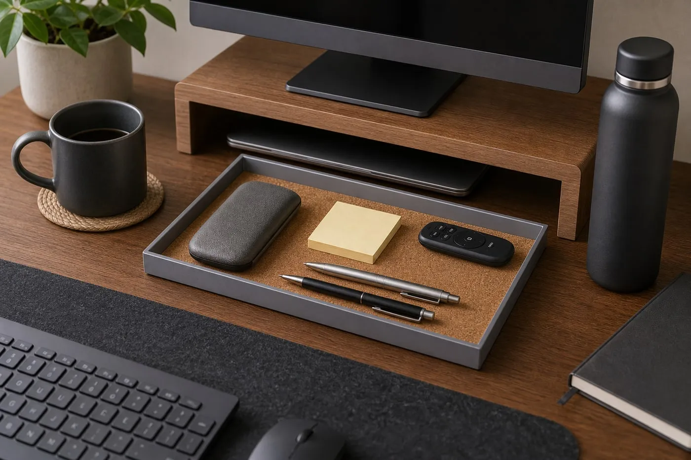 A gray aluminum and cork tray on a dry desk with pens, sticky notes, a glasses case, and a small remote inside while a mug and bottle sit outside the tray